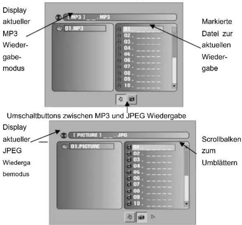 Display aktueller MP3 Wieder- gabe- modus [ MP3 ] _. MP3 01.MP3 01. 02. 03. 04. 05. 06. 07. 08. 09. 10. Markierte Datei zur aktuellen Wieder- gabe Umschaltbuttons zwischen MP3 und JPEG Wiedergabe Display aktueller JPEG Wiederga bemodus [ PICTURE ] _. JPG 01.PICTURE 01. 02. 03. 04. 05. 06. 07. 08. 09. 10. Scrollbalken zum Umblättern