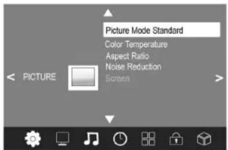 Picture Mode Standard Color Temperature Aspect Ratio Noise Reduction Screen < PICTURE >