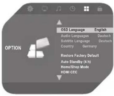 OPTION OSD Language English Audio Languages Deutsch Subtitle Language Deutsch Country Germany Restore Factory Default Auto Standby (4 h) Home/Shop Mode HDMI CEC