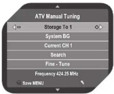 ATV Manual Tuning Storage To 1 System BG Current CH 1 Search Fine - Tune Frequency 424.25 MHz Save MENU
