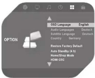 OPTION OSD Language English Audio Languages Deutsch Substitute Language Deutsch Country Germany Restore Factory Default Auto Standby (4 h) Home/Shop Mode HDMI CEC