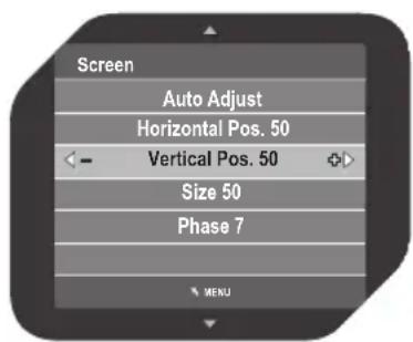 Screen Auto Adjust Horizontal Pos. 50 Vertical Pos. 50 Size 50 Phase 7 MENU