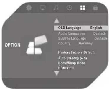 OPTION OSD Language English Audio Languages Deutsch Substitute Language Deutsch Country Germany Restore Factory Default Auto Standby (4 h) Home/Shop Mode HDMI CEC