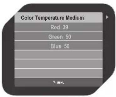 Color Temperature Medium Red 39 Green 50 Blue 50 MENU