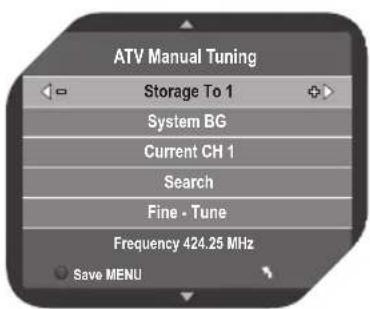 ATV Manual Tuning Storage To 1 System BG Current CH 1 Search Fine - Tune Frequency 424.25 MHz Save MENU
