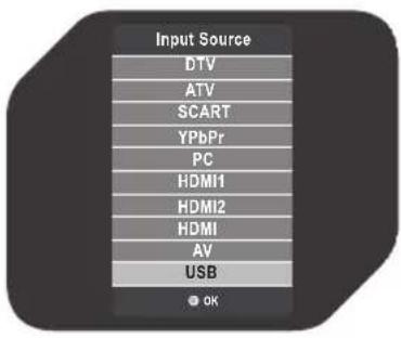 Input Source DTV ATV SCART YPbPr PC HDMI1 HDMI2 HDMI AV USB OK