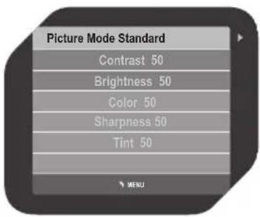 Picture Mode Standard Contrast 50 Brightness 50 Color 50 Sharpness 50 Tint 50 MENU