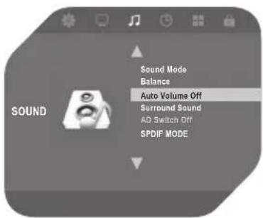 Sound Sound Mode Balance Auto Volume Off Surround Sound AD Switch Off SPDIF MODE