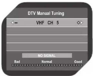 DTV Manual Tuning VHF CH 5 NO SIGNAL Bad Normal Good