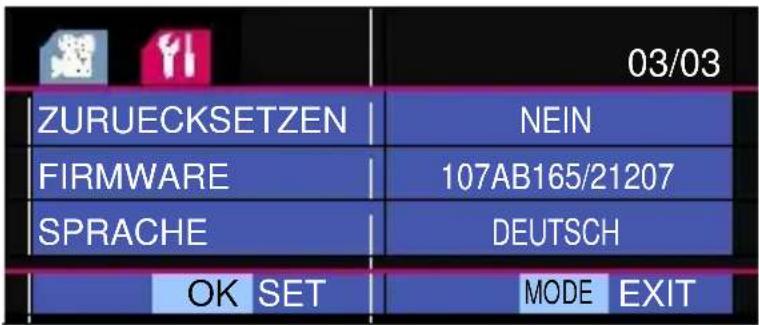 03/03 ZURUECKSETZEN NEIN FIRMWARE 107AB165/21207 SPRACHE DEUTSCH OK SET MODE EXIT