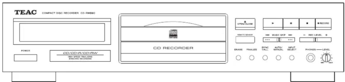 TEAC COMPACT DISC RECORDER CD-RW90 POWER CD/CD-R/CD-RW HIGH SPEED FINALIZING S music RECORDER CD RECORDER OPEN/CLOSE REMOTE SENSOR MUSIC TCP REC LEVEL + EREASE FINALIZE SYNC TALL AUTO MANUAL INPUT SELECT PHONES — LEVEL