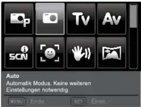 Auto Automatik Modus. Keine weiteren Einstellungen notwendig. MENU : Ende SET : Einst.