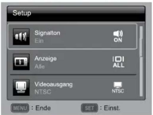 Setup Signalton Ein Anzeige Alle Videoausgang NTSC ON ALL NTSC MENU : Ende SET : Einst.