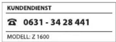 KUNDENDIENST 0631 - 34 28 441 MODELL: Z 1600