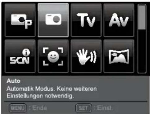 Auto Automatik Modus. Keine weiteren Einstellungen notwendig. MENU : Ende SET : Einst.