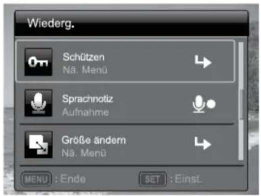 Wiederg. Schützen Nä. Menü Sprachnotiz Aufnahme Größe ändern Nä. Menü MENU : Ende SET : Einst.