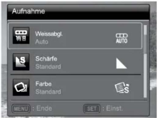 Aufnahme Wessabgl. Auto AUTO Scharfe Standard Farbe Standard MENU : Ende SET : Einst.