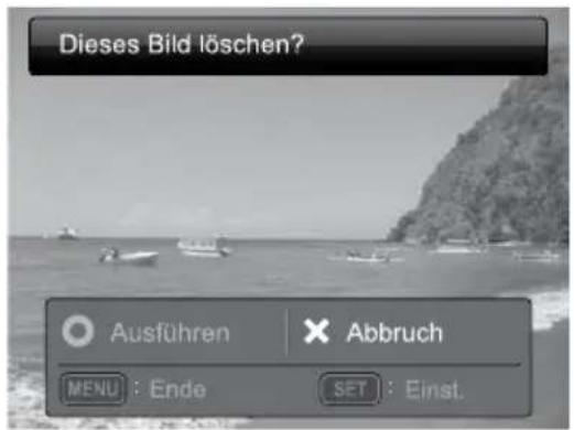 Dieses Bild löschen? Ausführen Abbruch MENU : Ende SET : Einst.