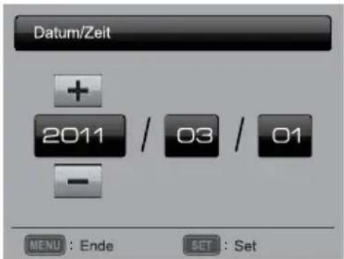 Datum/Zeit + 2011 / 03 / 01 - MENU : Ende SET : Set