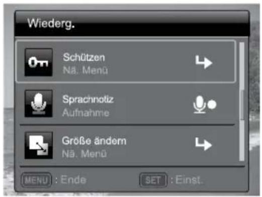 Wiederg. Schützen Nä. Menü Sprachnotiz Aufnahme Größe ändern Nä. Menü MENU : Ende SET : Einst.