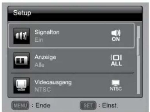 Setup Signalton Ein ON Anzeige Alle 101 ALL Videoausgang NTSC NTSC MENU : Ende SET : Einst.