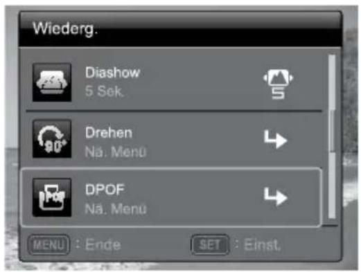Wiederg. Diashow 5 Sek. Drehen Nä. Menu DPOF Nä. Menu MENU : Ende SET : Einst.