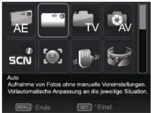 AE TV AV SCN Vollautomatische Anpassung an die jeweilige Situation. Auto Aufnahme von Fotos ohne manuelle Voreinstellungen. Vollautomatische Anpassung an die jeweilige Situation. MENU : Ende SET : Einst.