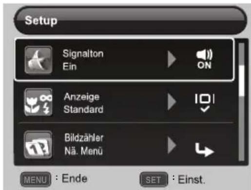 Setup Signalton Ein ON Anzeige Standard Bildzähler Nä. Menü MENU : Ende SET : Einst.