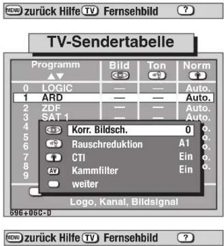 TV-Sendertabelle Programm Bild Ton Norm 0 LOGIC — — Auto. 1 ARD — — Auto. 2 ZDF — — Auto. 3 SAT 1 — — Auto. 4 Korr. Bildsch. 0 5 Rauschreduktion A1 6 CTI Ein 7 KV Kammfilter Ein 8 weiter 9 Logo, Kanal, Bildsignal 696+06C-D MENU zurück Hilfe TV Fernsehbild ?