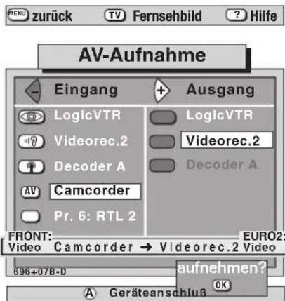 AV-Aufnahme Eingang Ausgang LogicVTR LogicVTR Videorec.2 Videorec.2 Decoder A Decoder A Av Camcorder Pr. 6: RTL 2 FRONT: Video Camcorder → Videorec.2 Video 698+078-D aufnehmen? A Geräteanschluß EURO2