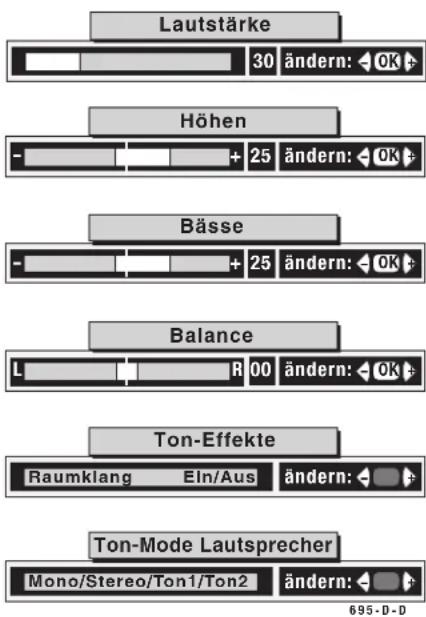 Lautstärke 30 ändern: OK Höhen + 25 ändern: OK Bässe + 25 ändern: OK Balance L R 00 ändern: OK Ton-Effekte Raumklang EIn/Aus ändern: Ton-Mode Lautsprecher Mono/Stereo/Ton1/Ton2 ändern: 695-D-D