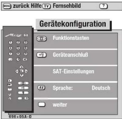 GERÄTEKONFIGURATION Funktionstasten Geräteanschluß SAT-Einstellungen Sprache: Deutsch weiter