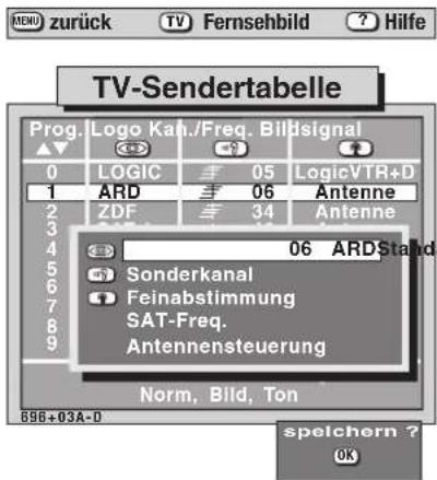 TV-Sendertabelle Prog. Logo Kan./Freq. Bildsignal 0 LOGIC 05 LogicVTR+D 1 ARD 06 Antenne 2 ZDF 34 Antenne 3 4 06 ARDStand 5 Sonderkanal 6 Feinabstimmung 7 SAT-Freq. 8 Antennensteuerung 9 Norm, Bild, Ton 696+03A-0 spelchern ? OK