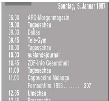 Sonntag, 5. Januar 1997 06.00 ARD-Morgenmagazin 09.00 Tagesschau 09.03 Dallas 09.45 Tele-Gym 10.00 Tagesschau 10.03 auslandsjournal 10.45 ZDF-Info Gesundheit 11.00 Tagesschau 11.03 Cappuccino Melange Fernsehfilm, 1993 .... 307 12.35 Umschau 12.55 Bresschau