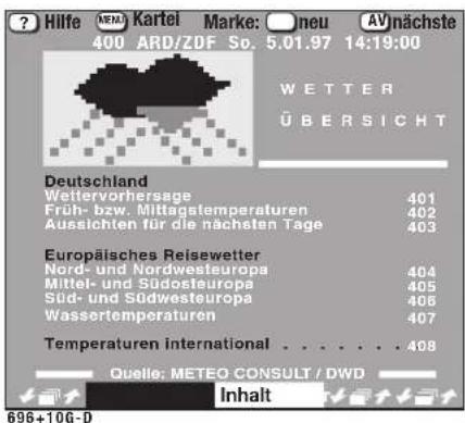 Hilfe (MEM) Kartel Marke: ☐ neu AV)nächste 400 ARD/ZDF So. 5.01.97 14:19:00 WETTER ÜBERSICHT Deutschland Wettervorherrsage 401 Früh- bzw. Mittagstemperaturen 402 Aussichten für die nächsten Tage 403 Europäisches Reisewetter Nord- und Nordwesteuropa 404 Mittel- und Südosteuropa 405 Süd- und Südwesteu…