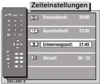 Zeiteinstellungen Einschaltzeit: 20:00 Ausschaltzeit: 23:30 Erinnerungszeit: 21:45 Uhrzeit: 08:22