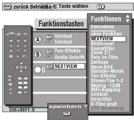 Zurück Betriebartic Taste wählen TV Funktionstasten A B C Infotext Infotext Ton-Effekte Große Schrift TV NEXTVIEW Speichern ? OK Funktionen Fernsehen: ohne Funktion NEXTVIEW Bildformat Kammfilter Zoom 2:1 Foto im Film Zeitlupe Neun-Bild Sprache-Musik Ton-Effekte Stereo/Ton 1-2 Muting -12dB HIFI-Ausg…