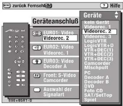 zurück Fernsehbild Geräteanschluß EUR01: Video Videorec. 2 EUR02: Video Videorec. 1 EUR03: Video Decoder A AV Front: S-Video Camcorder Auswahl der Signalart Geräte kein Gerät Videorec. 1 Videorec. 2 Videorec. 3 LogicVTR LogicVTR+D VTR+DEC(1) VTR+DEC(2) VTR+DEC(3) Camcorder Mischpult PC Decoder A Dec…