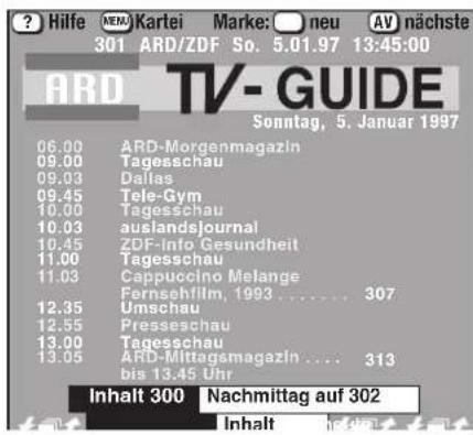 ? Hilfe NEMK Kartei Marke: neu AV nächst 301 ARD/ZDF So. 5.01.97 13:45:00 ARD TV-GUIDE Sonntag, 5. Januar 1997 06.00 ARD-Morgenmagazin 09.00 Tagesschau 09.03 Dallas 09.45 Tele-Gym 10.00 Tagesschau 10.03 auslandsJournal 10.45 ZDF-Info Gesundheit 11.00 Tagesschau 11.03 Cappuccino Melange 12.35 Fernseh…