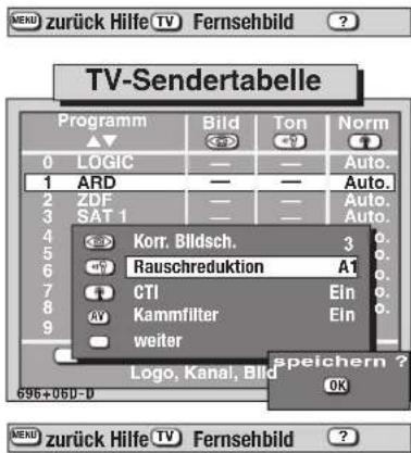 Zurück Hilfe TV Fernsehbild TV-Sendertabelle Programm ▲▼ 0 LOGIC — — Auto. 1 ARD — — Auto. 2 ZDF — — Auto. 3 SAT 1 — — Auto. 4 Korr. Bildsch. 3 5 Rauschreduktion A1 6 CTI Ein 7 Kammfilter Ein 8 weiter 9 Logo, Kanal, Bild speichern ? 696+06D-D OK MENZurück Hilfe TV Fernsehbild ?