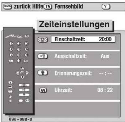 zeiteinstellungen Einschaltzeit: 20:00 Ausschaltzeit: Aus Erinnerungszeit: -- : -- AV Uhrzeit: 08:22