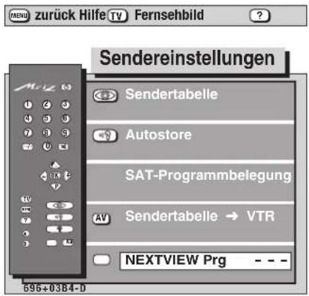 MENU zurück Hilfe TV Fernsehbild Sendereinstellungen Sendertabelle Autostore SAT-Programmelegung Sendertabelle → VTR NEXTVIEW Prg 696+0384-D