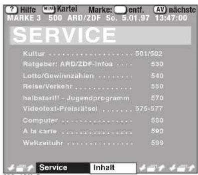 SERVICE Kultur .... 501/502 Ratgeber: ARD/ZDF-Infos .... 530 Lotto/Gewinnzahlen .... 540 Reise/Verkehr .... 550 halbatar!! - Jugendprogramm .... 570 Videotext-Preisrätsel .... 575-577 Computer .... 580 A la carte .... 590 Weltzeituhr .... 599 Service Inhalt