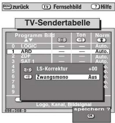 TV-Sendertabelle Programm Bild 0 LOGIC — — Auto. 1 ARD — — Auto. 2 ZDF — — Auto. 3 SAT 1 — — Auto. 4 LS-Korrektur +00 5 Zwangsmono Aus 6 7 8 9 Logo, Kanal, Bildsignal 696+088-0 Speichern ? OK