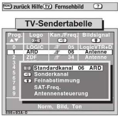 TV-Sendertabelle Prog. ▲▼ LOGIC 05 LogicVTR+D 1 ARD 06 Antenne 2 ZDF 34 Antenne Standardkanal 06 ARD Sonderkanal Feinabstimmung SAT-Freq. Antennensteuerung Norm, Bild, Ton 896-03A-0