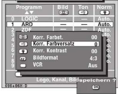 Programm Bild Ton Norm 0 LOGIC — — Auto. 1 ARD — — Auto. 2 ZDF — — Auto. 3 Korr. Farbst. 00 4 Korr. Farbversatz 0 5 Korr. Kontrast 00 6 Bildformat 4:3 7 VCR Aus 8 9 Logo, Kanal, Bildspeichern ? OK