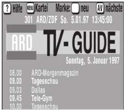 ? Hilfe NEMU Kartei Marke: neu AV) nächste 301 ARD/ZDF So. 5.01.97 13:45:00 ARD TV-GUIDE Sonntag, 5. Januar 1997 06.00 ARD-Morgenmagazin 09.00 Tagesschau 09.03 Dallas 09.45 Tele-Gym 10.00 Tagesschau