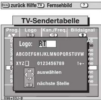 TV-Sendertabelle Prog. Logo Kan./Freq. Bildsignal 0 1 2 3 4 5 6 7 8 9 Logo: RT ABCDEFGHIJKLMNOPQRSTUVWXYZ 0123456789 !+ auswählen nächste Stelle AS ne ne ne ne ne ne 696+03J-D