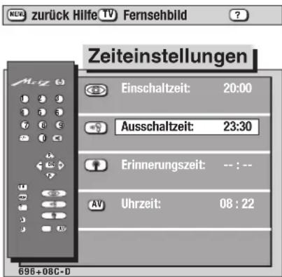Zeiteinstellungen Einschaltzeit: 20:00 Ausschaltzeit: 23:30 Erinnerungszeit: -- : -- Uhrzeit: 08 : 22