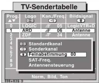 TV-Sendertabelle Prog. ▲▼ Logo Kan./Freq. Bildsignal 0 LOGIC 05 LogicVTR+D 1 ARD 06 Antenne 2 ZDF 34 Antenne 3 Standardkanal Sonderkanal Felnabstimmung 00 SAT-Freq. Antennensteuerung Norm, Bild, Ton 896+03G-D